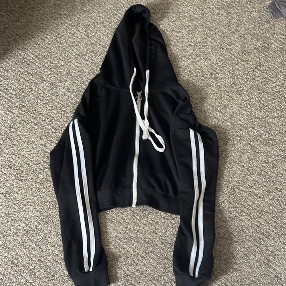 Black Cropped Hoodie with White Stripes